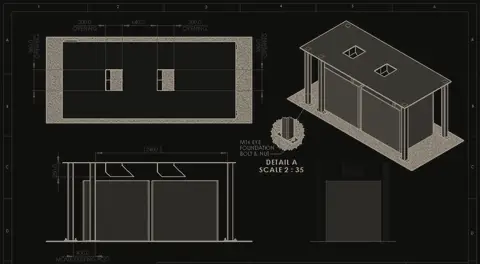 Plan, elevation and 3D view drawings of the bin collection structure