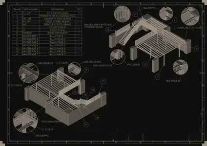 Drawing sheet with 3D views and parts list for the mezzanine structure