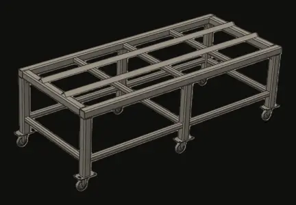 3D model of the welded RHS steel paint-line trolley on castors